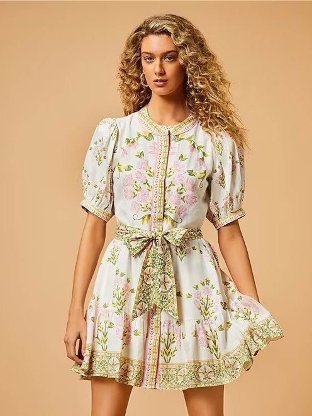 A Love A Floral Tie-Waist Puff Sleeve Mini Dress - White with Pink & Green